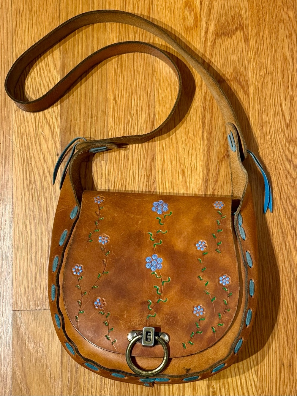 Vintage Mexico Brown Leather Tooled Bag with Blue Floral Embroidery